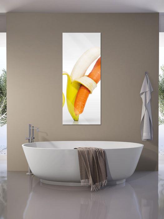 Tanz von Banane und Möhre, Glasbild Panorama