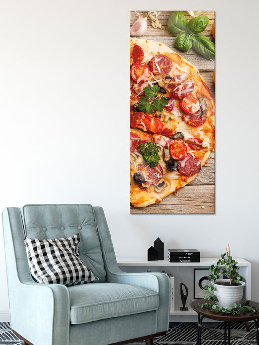 Pizza Italia auf Holztisch, Glasbild Panorama