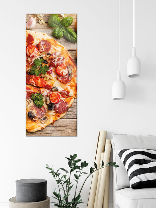 Pizza Italia auf Holztisch, Glasbild Panorama