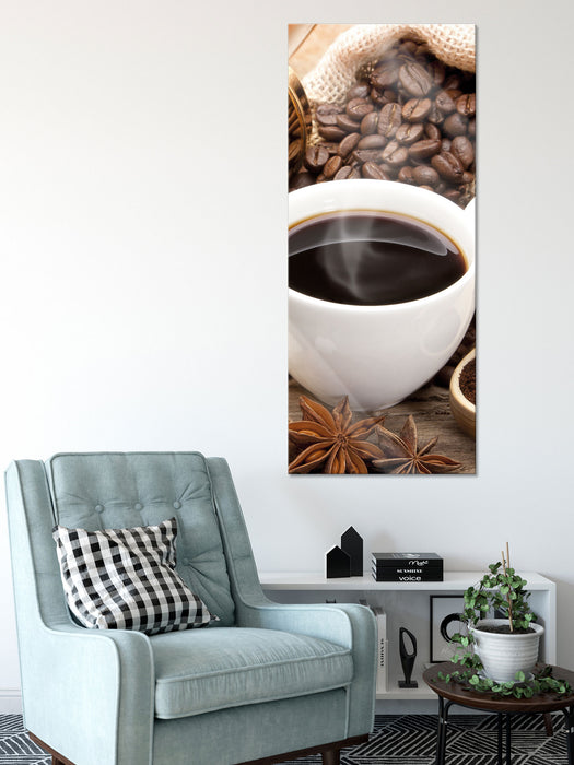 Edler Kaffee und Kaffeebohnen, Glasbild Panorama