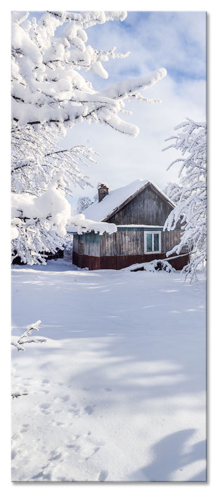 Winterlandschaft mit Hütte, Glasbild Panorama
