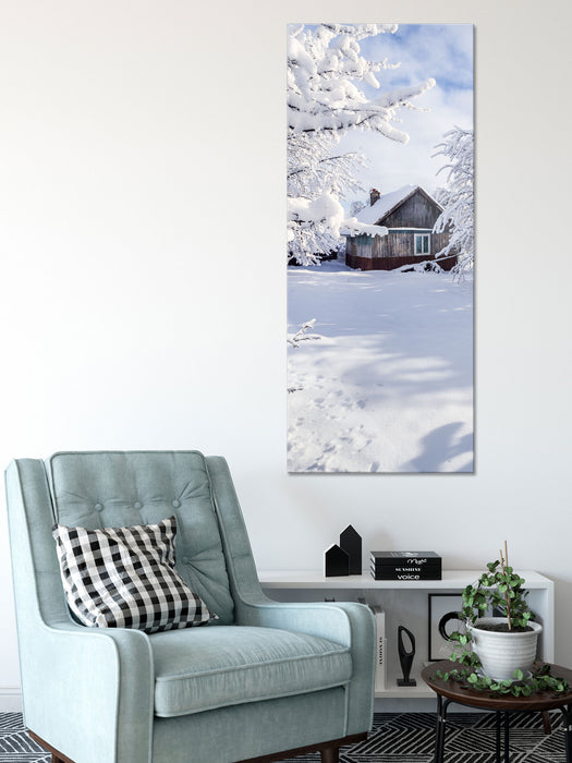 Winterlandschaft mit Hütte, Glasbild Panorama