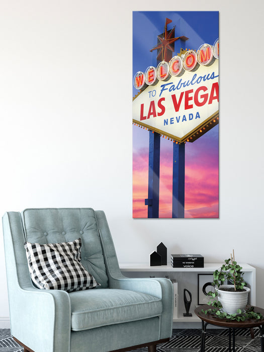 Las Vegas Schild in der Dämmerung, Glasbild Panorama