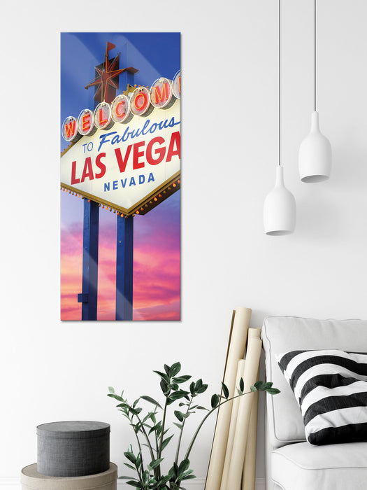 Las Vegas Schild in der Dämmerung, Glasbild Panorama