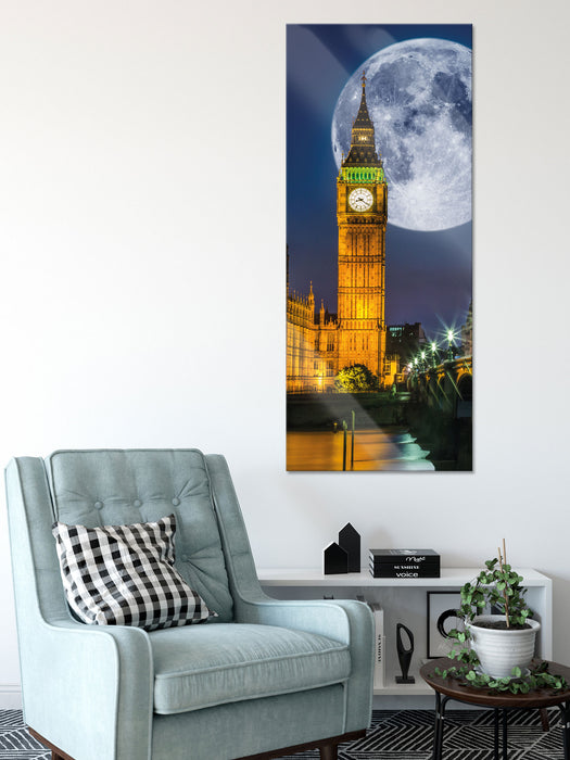 Big Ben vor Mond in London, Glasbild Panorama