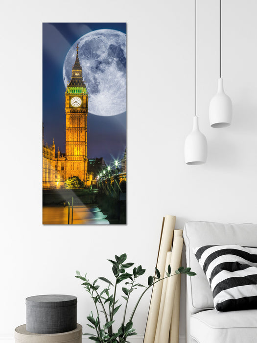 Big Ben vor Mond in London, Glasbild Panorama