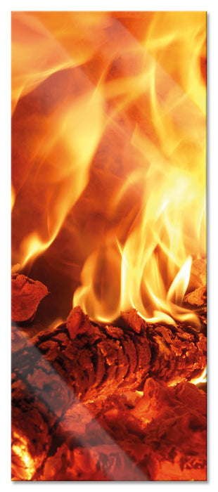 Gemütliches Holz im Feuer, Glasbild Panorama
