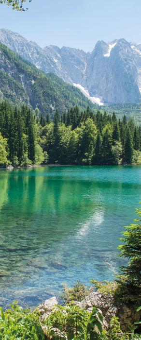 Bergsee mit Wald, Glasbild Panorama