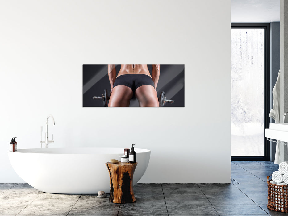 Sexy Frau mit Hanteln, Glasbild Panorama