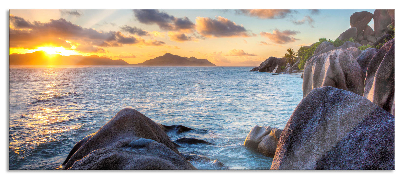 Pixxprint Sonnenuntergang Seychellen, Glasbild Panorama