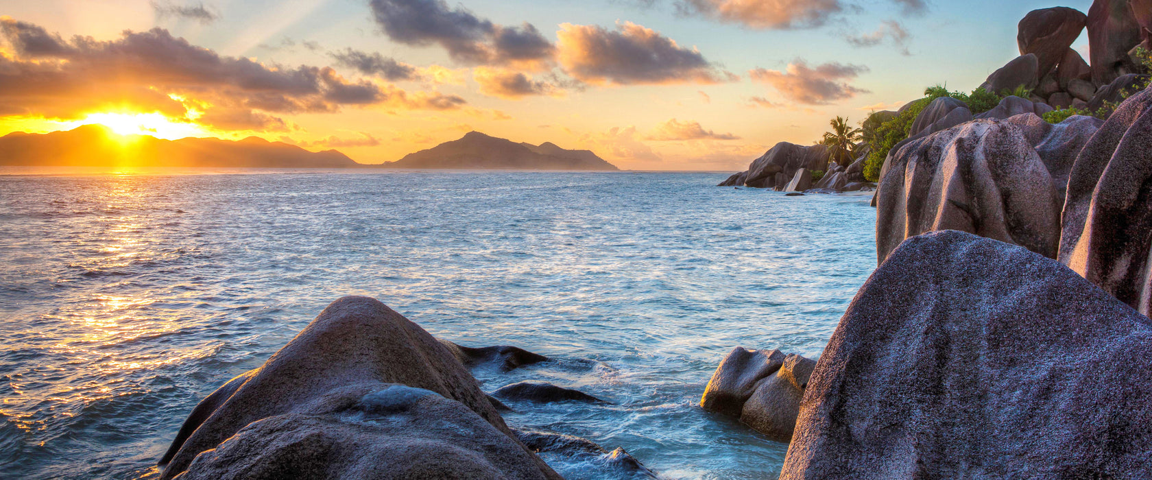 Sonnenuntergang Seychellen, Glasbild Panorama