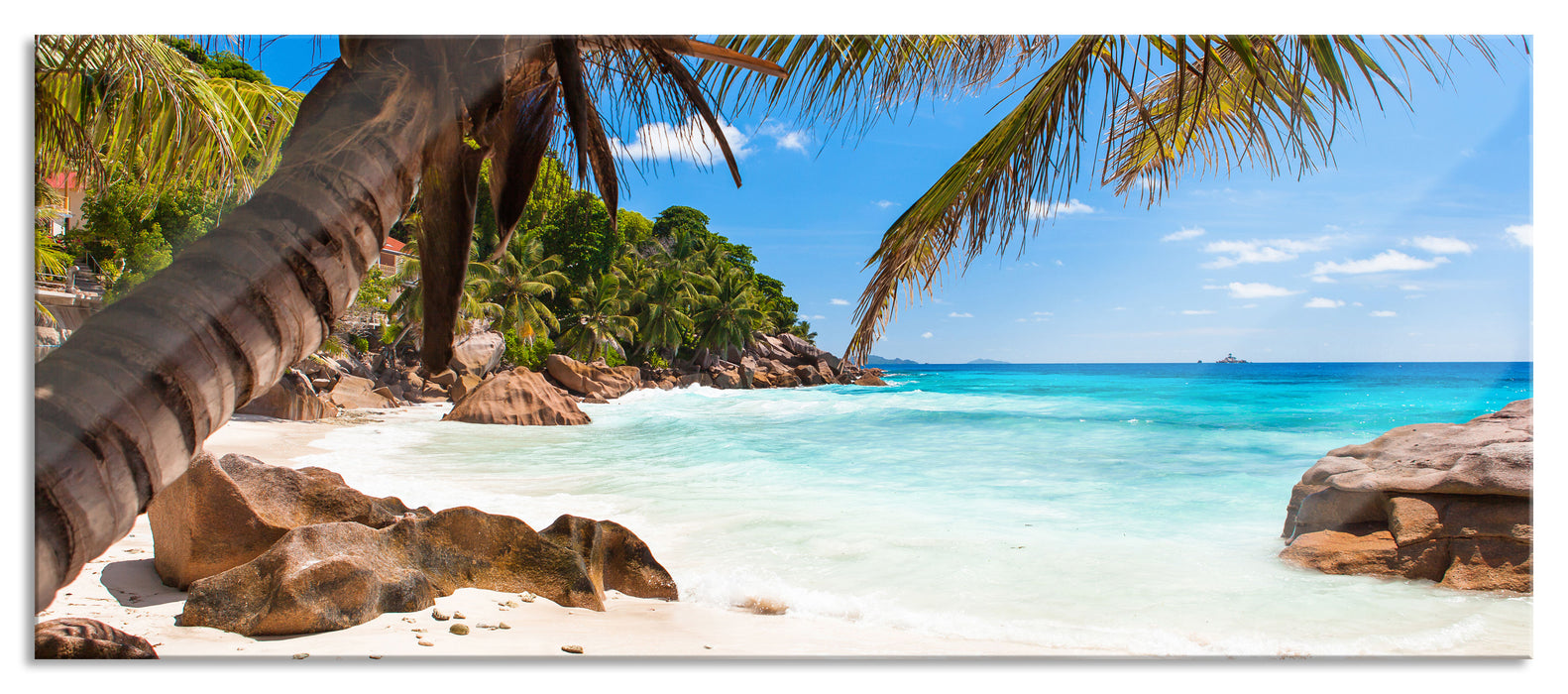 Pixxprint Palmenstrand Seychellen, Glasbild Panorama