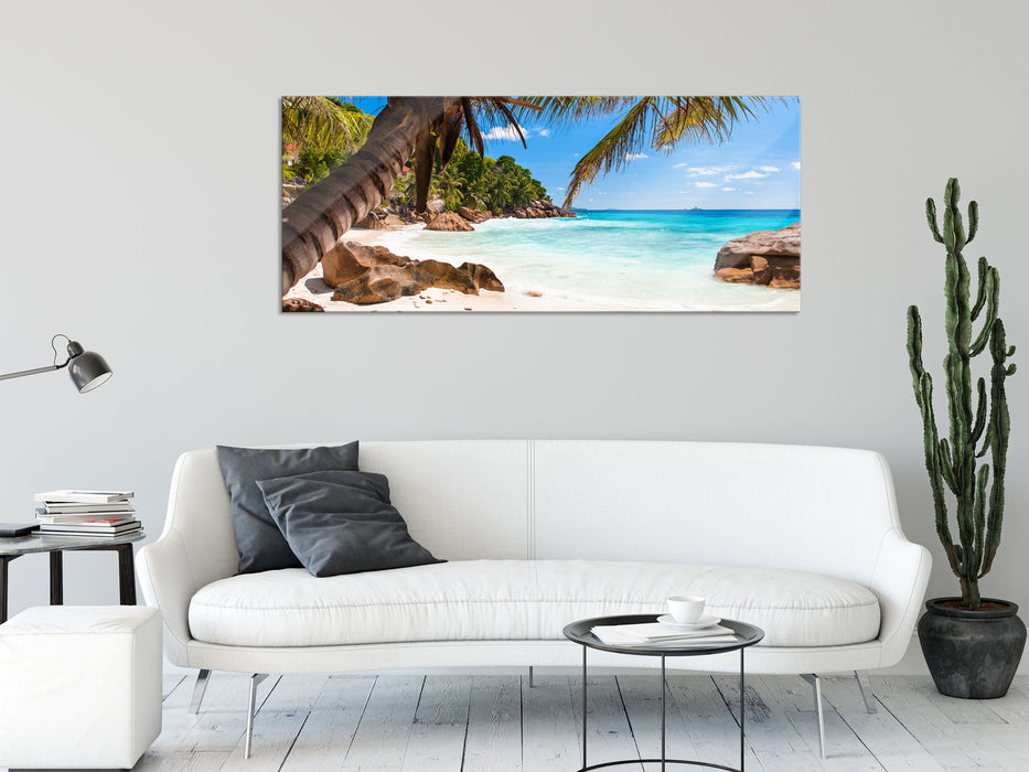 Palmenstrand Seychellen, Glasbild Panorama