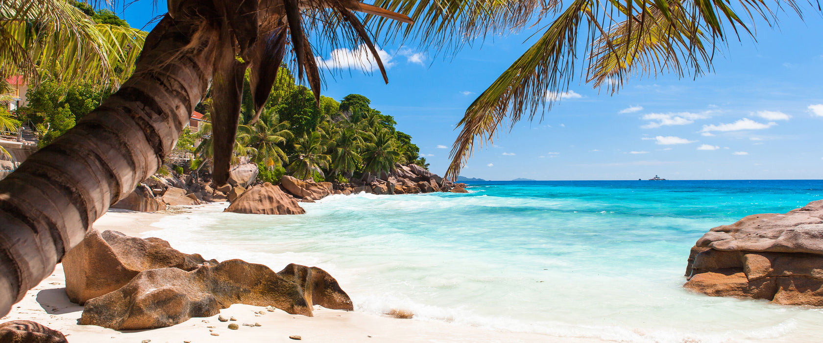 Palmenstrand Seychellen, Glasbild Panorama