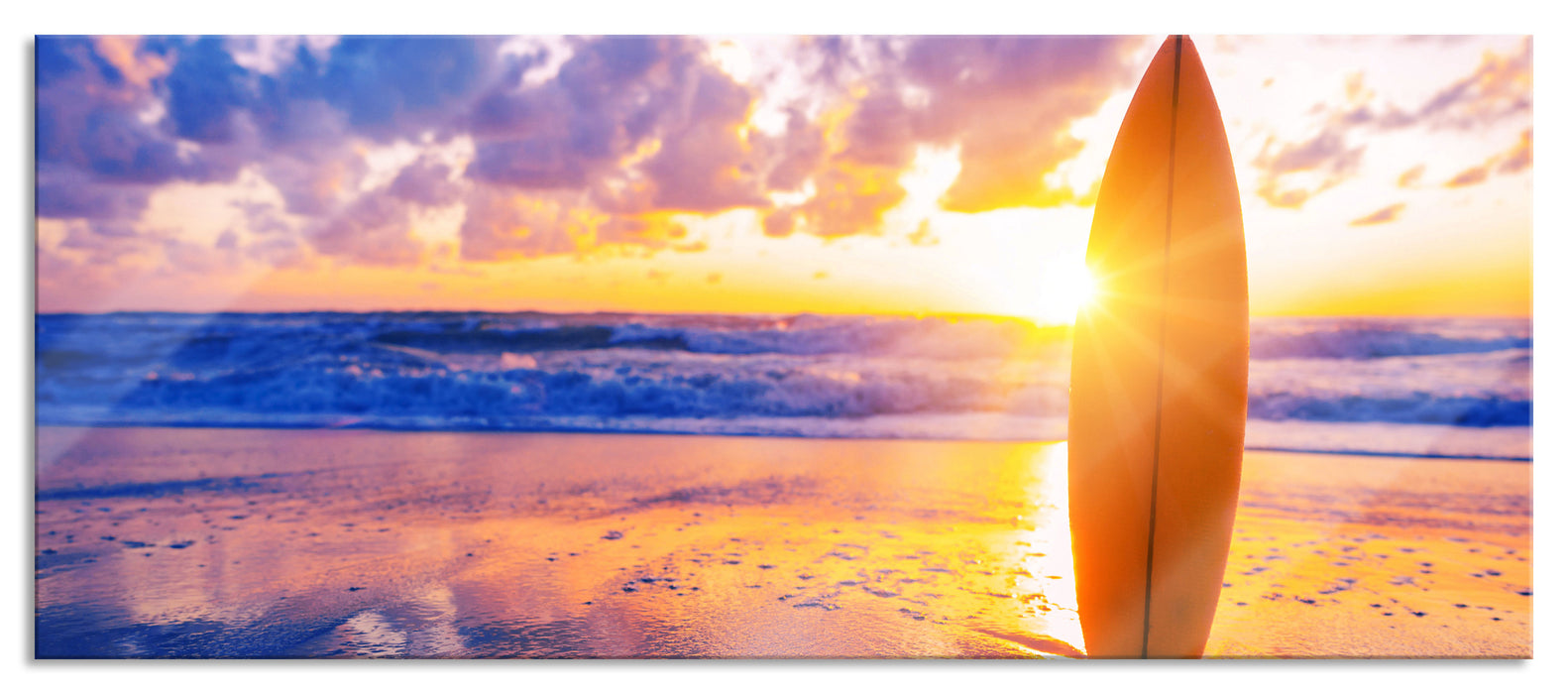 Pixxprint Surfbrett am Strand, Glasbild Panorama