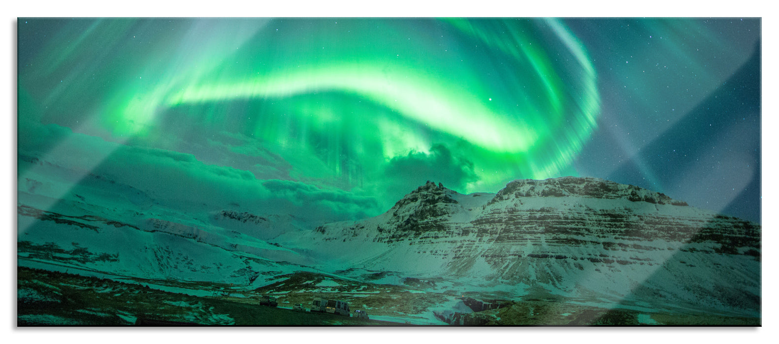 Nordlichter über Island, Glasbild Panorama