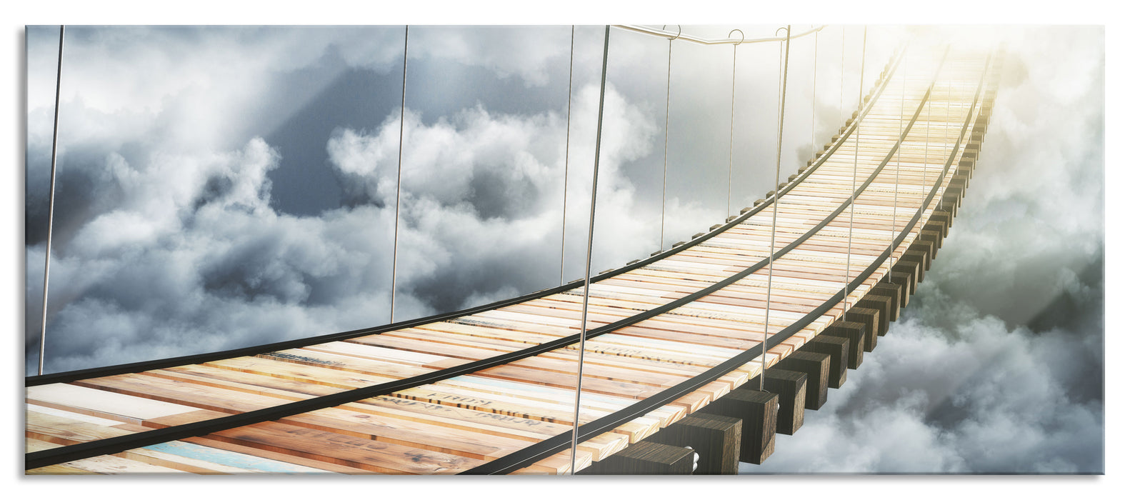 Pixxprint Hölzerne Brücke in den Wolken, Glasbild Panorama