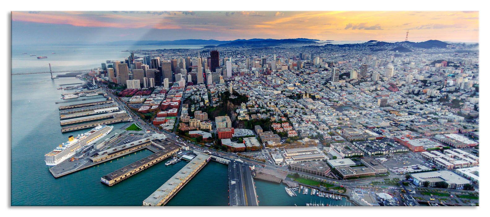 Pixxprint San Francisco bei Sonnenuntergang, Glasbild Panorama