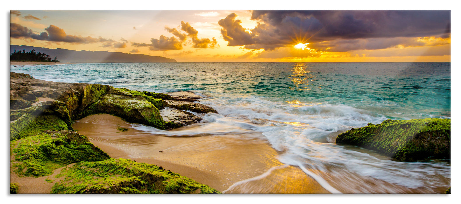 Pixxprint Sonnenuntergang auf Hawaii, Glasbild Panorama