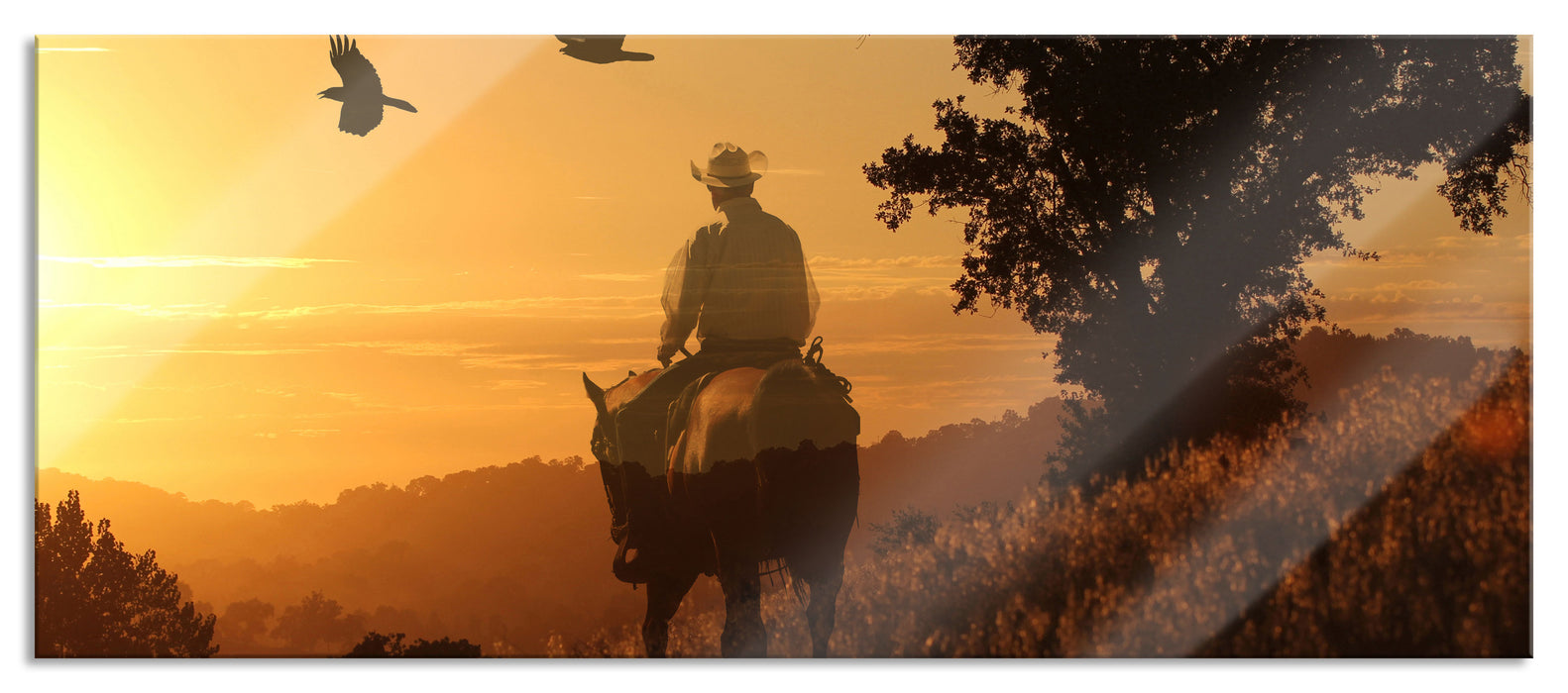 Pixxprint Ein Cowboy im Sonnenuntergang, Glasbild Panorama