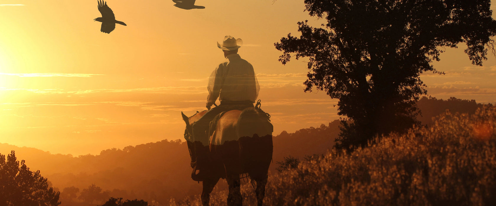 Ein Cowboy im Sonnenuntergang, Glasbild Panorama