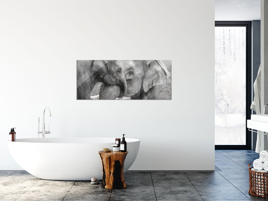 Elefantenmutter mit Kalb, Glasbild Panorama