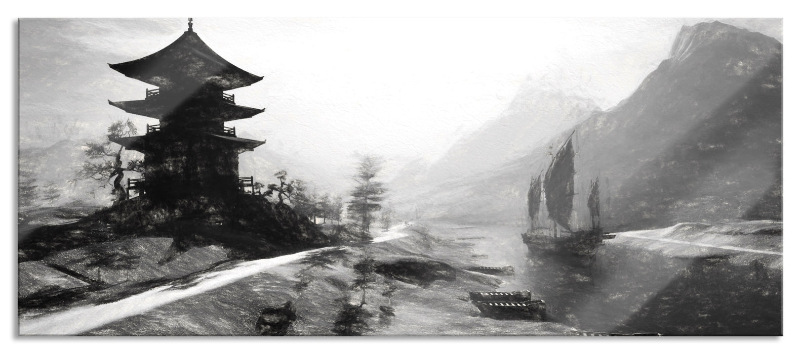 Pixxprint asiatischer Tempel an Fluss, Glasbild Panorama