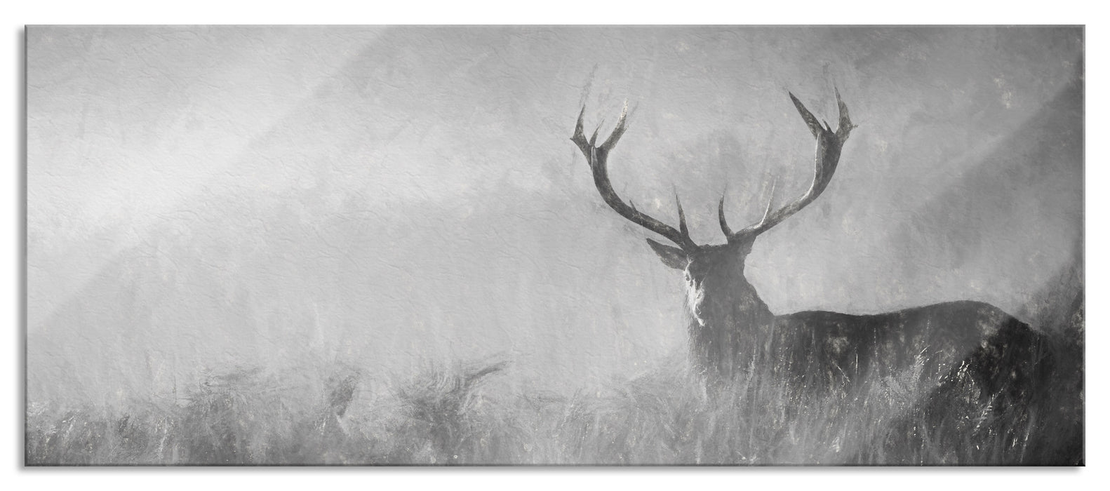 Pixxprint Rotwild Hirsch im Nebel Kunst, Glasbild Panorama