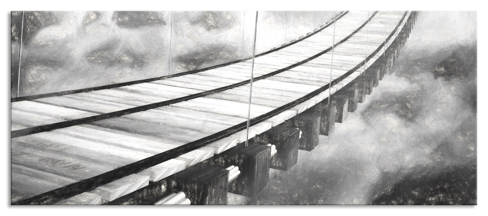 Hölzerne Brücke in den Wolken, Glasbild Panorama
