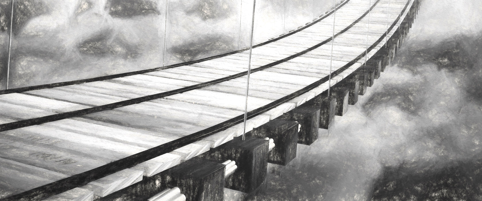 Hölzerne Brücke in den Wolken, Glasbild Panorama