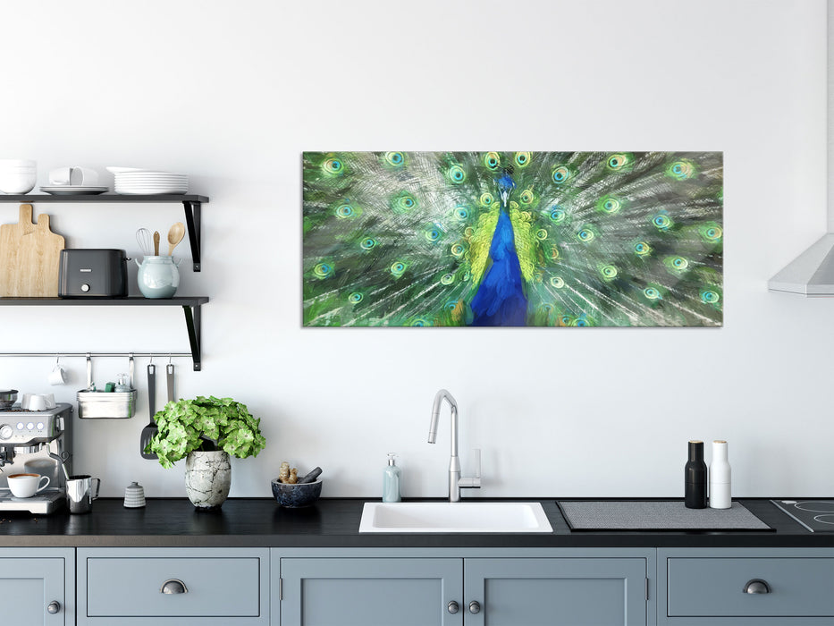 Pfau mit seinem Gefieder, Glasbild Panorama