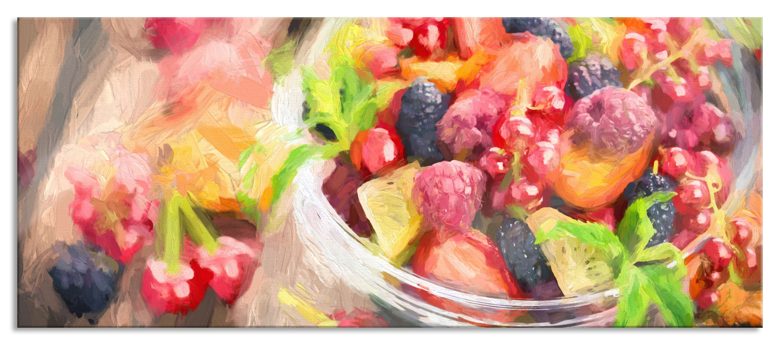 Pixxprint Obstsalat in der Schüssel, Glasbild Panorama