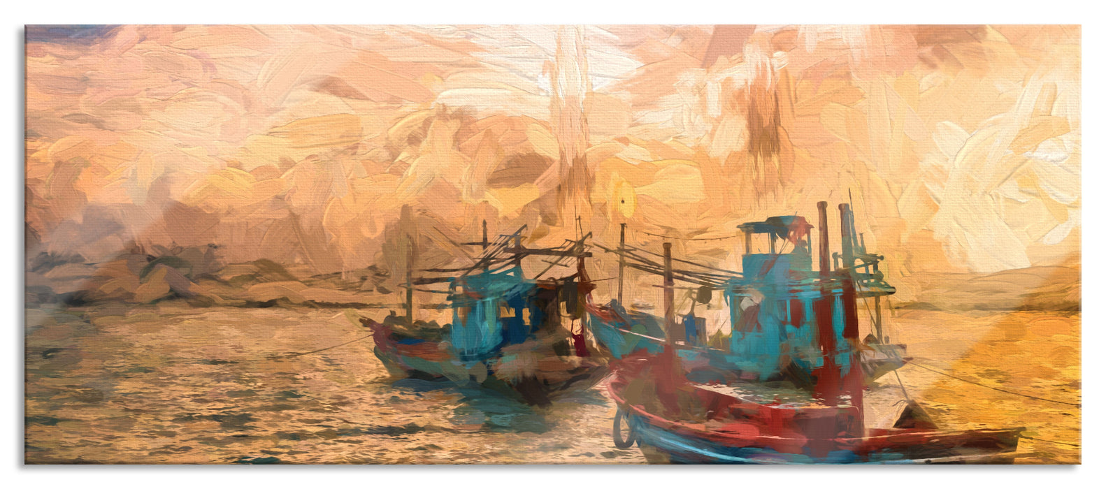 Pixxprint thailändische Fischerboote im Meer, Glasbild Panorama