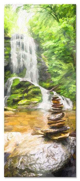 Zen Steine vor Wasserfall Kunst, Glasbild Panorama