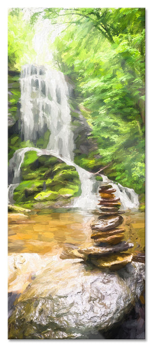 Pixxprint Zen Steine vor Wasserfall Kunst, Glasbild Panorama