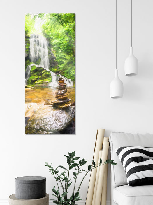 Zen Steine vor Wasserfall Kunst, Glasbild Panorama