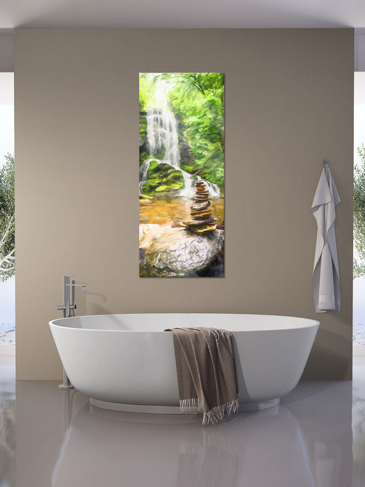 Zen Steine vor Wasserfall Kunst, Glasbild Panorama