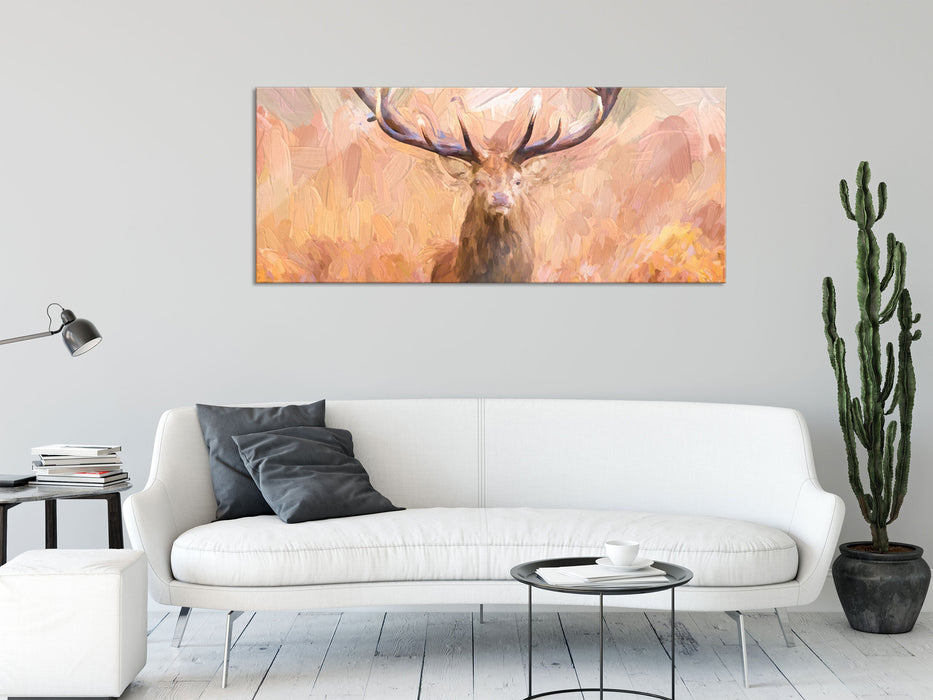 Großer Hirsch im Feld Kunst, Glasbild Panorama