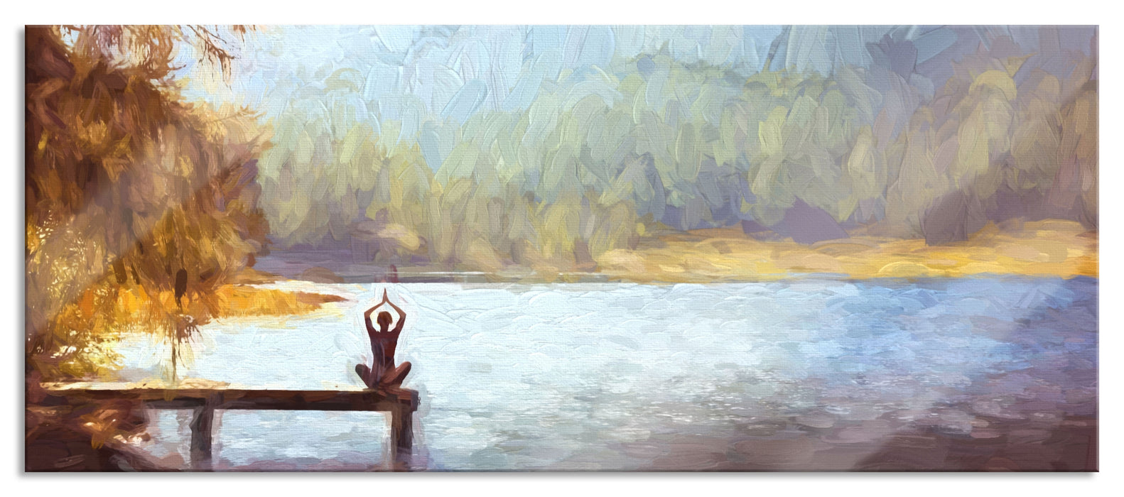 Pixxprint Yoga am See Kunst, Glasbild Panorama