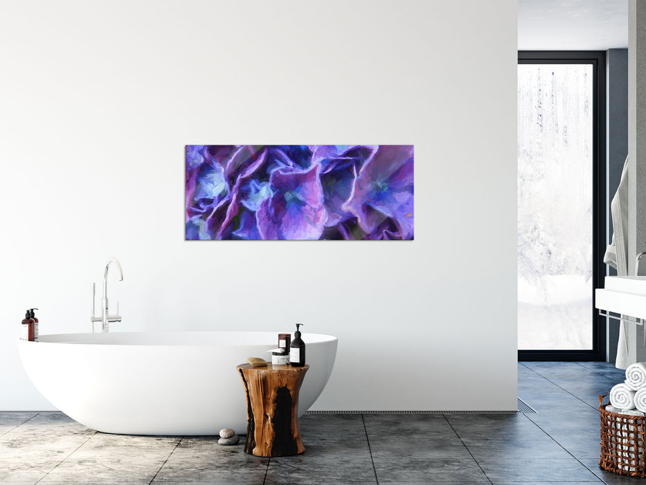 Blaue Hortensien Blüte Kunst, Glasbild Panorama