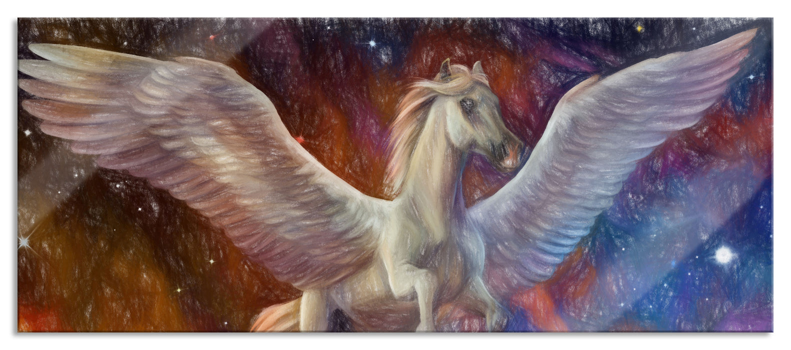 Pixxprint Weißer Pegasus mit Engelsflügel, Glasbild Panorama