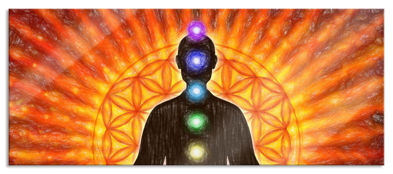 Pixxprint Meditation mit den 7 Chakren, Glasbild Panorama