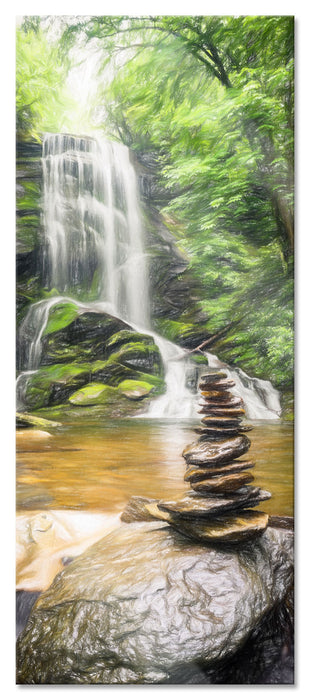 Zen Steine vor Wasserfall, Glasbild Panorama