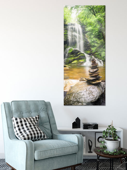 Zen Steine vor Wasserfall, Glasbild Panorama