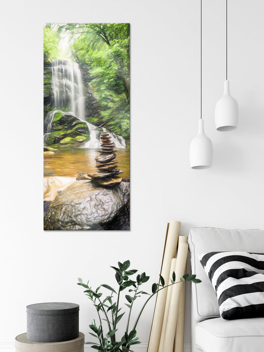 Zen Steine vor Wasserfall, Glasbild Panorama