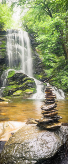 Zen Steine vor Wasserfall, Glasbild Panorama