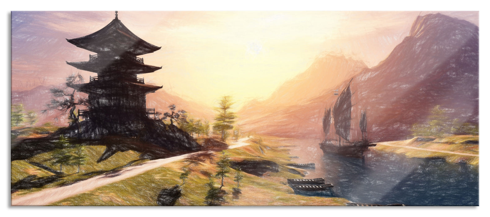 Pixxprint asiatischer Tempel an Fluss, Glasbild Panorama