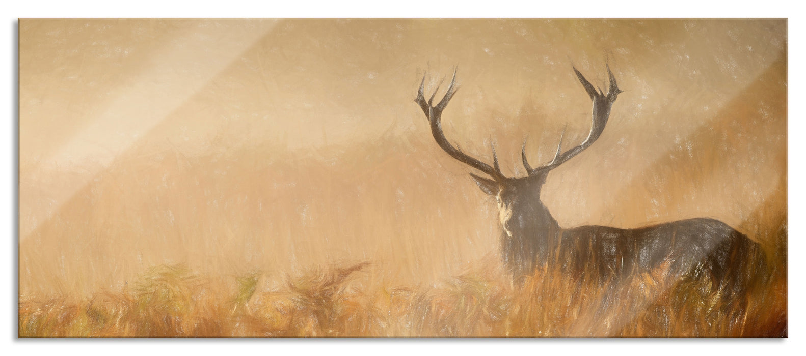 Pixxprint Rotwild Hirsch im Nebel , Glasbild Panorama