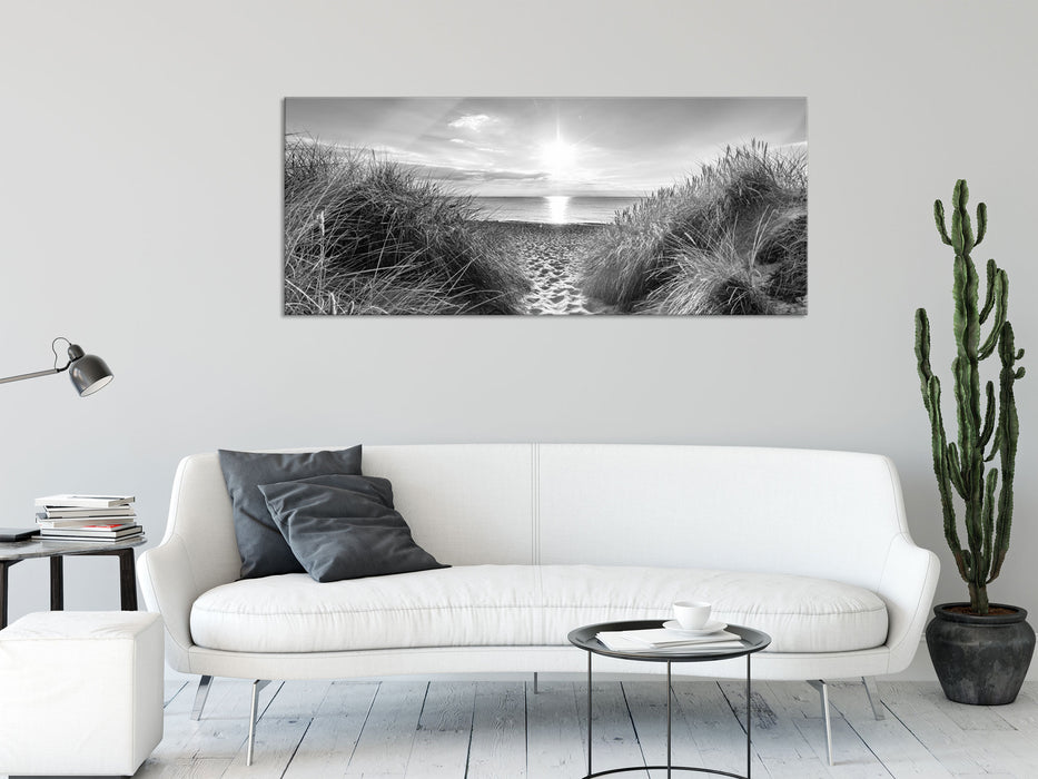 der Weg ins Meer Kunst B&W, Glasbild Panorama