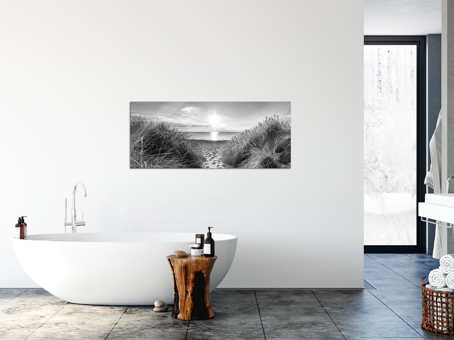 der Weg ins Meer Kunst B&W, Glasbild Panorama